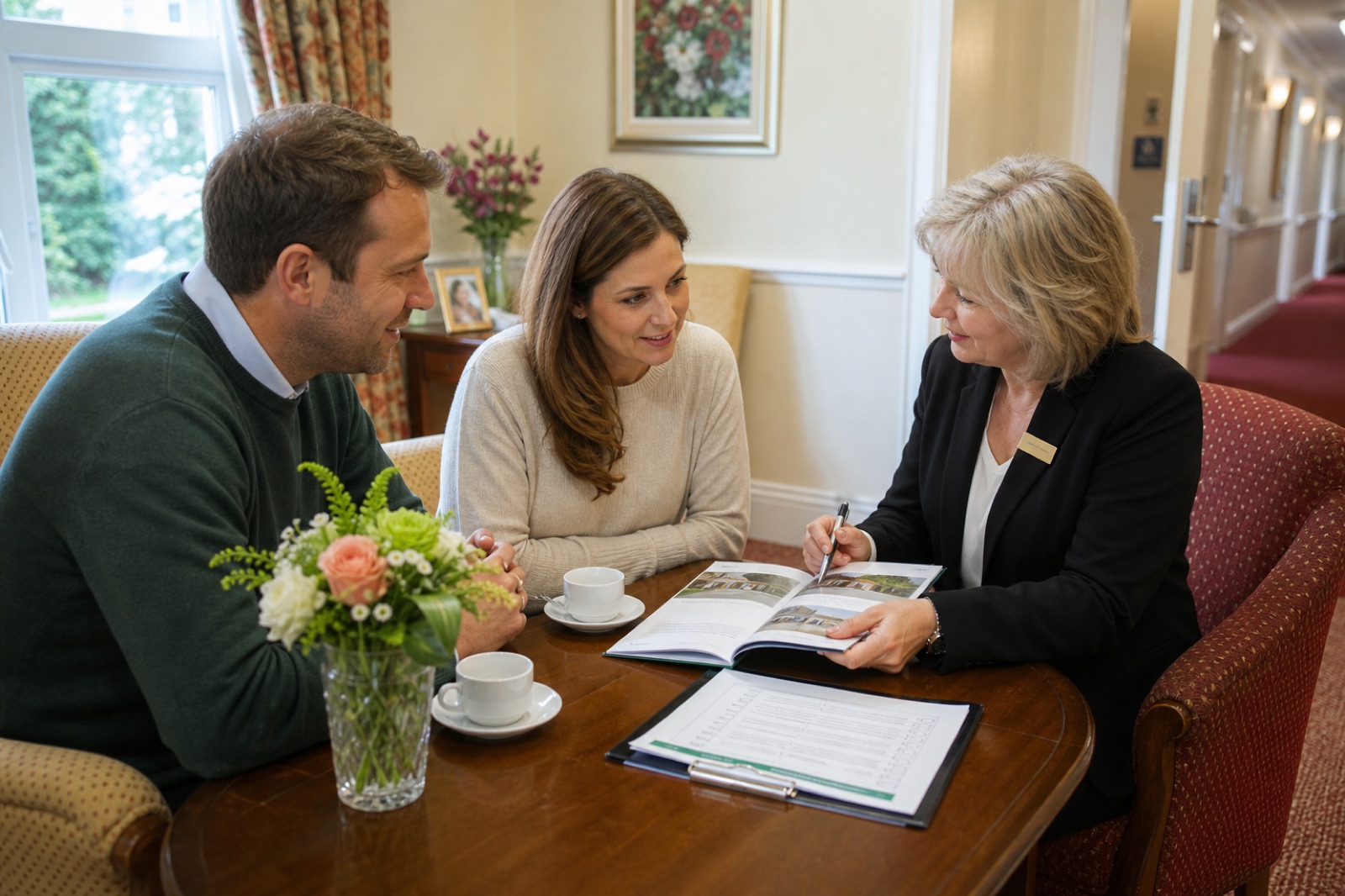Family reviewing care home brochures